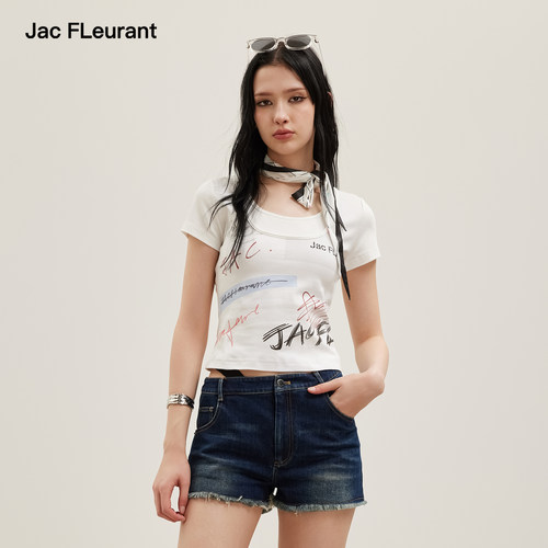 JAC FLEURANT【李小冉同款】涂鸦印花假两件短袖圆领T恤女上衣