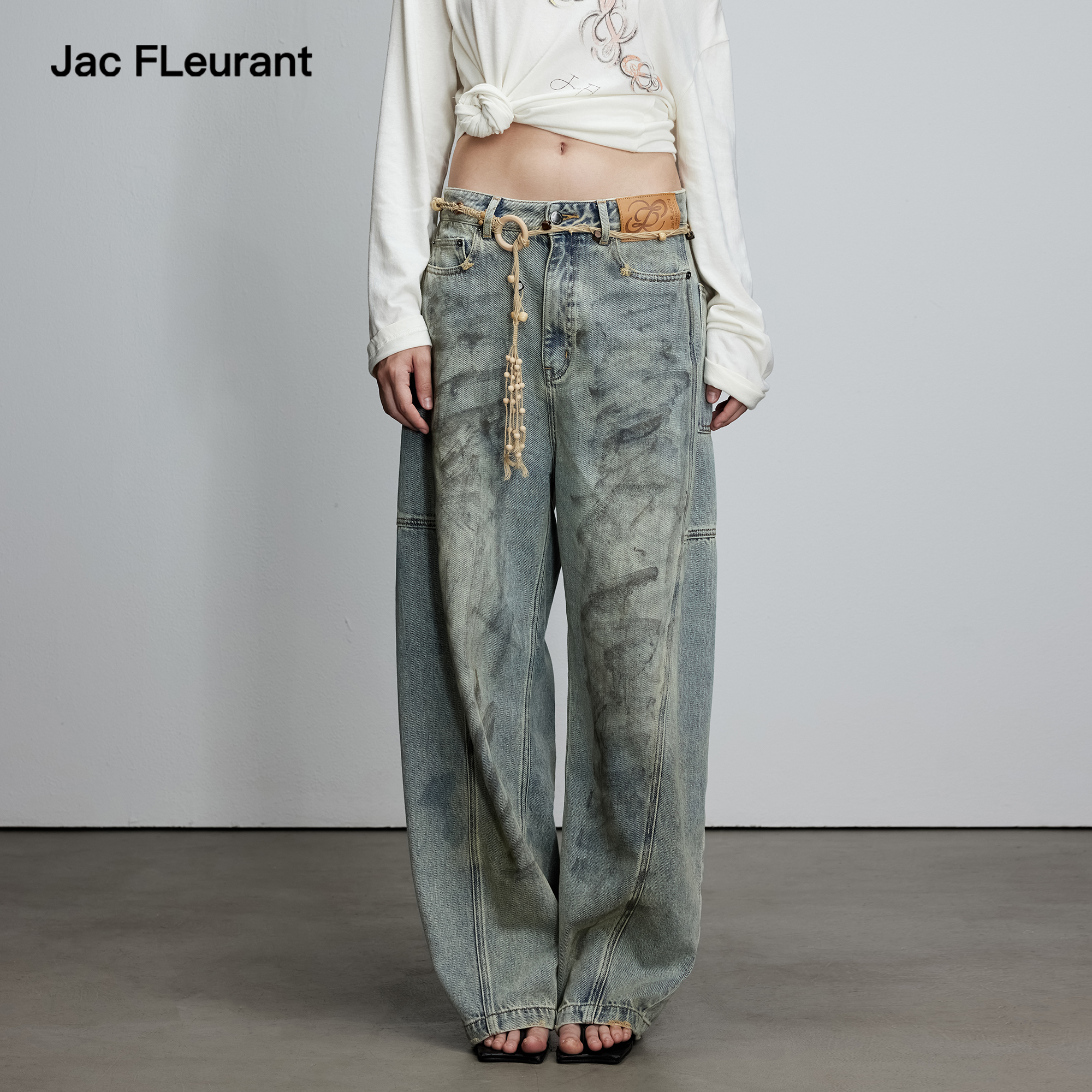JAC FLEURANT【汪苏泷同款】2025新款蓝色做旧脏洗弯刀牛仔裤