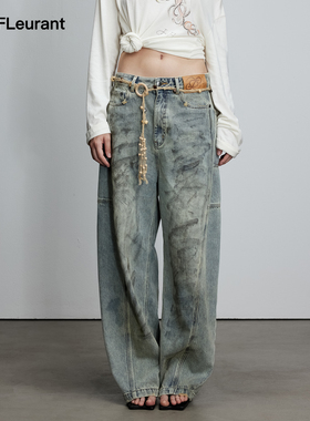 JAC FLEURANT【汪苏泷 刘轩丞同款】蓝色做旧脏洗弯刀牛仔裤