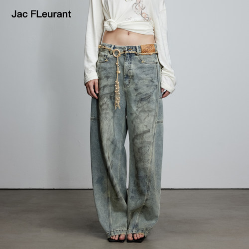 JAC FLEURANT【汪苏泷 刘轩丞同款】蓝色做旧脏洗弯刀牛仔裤