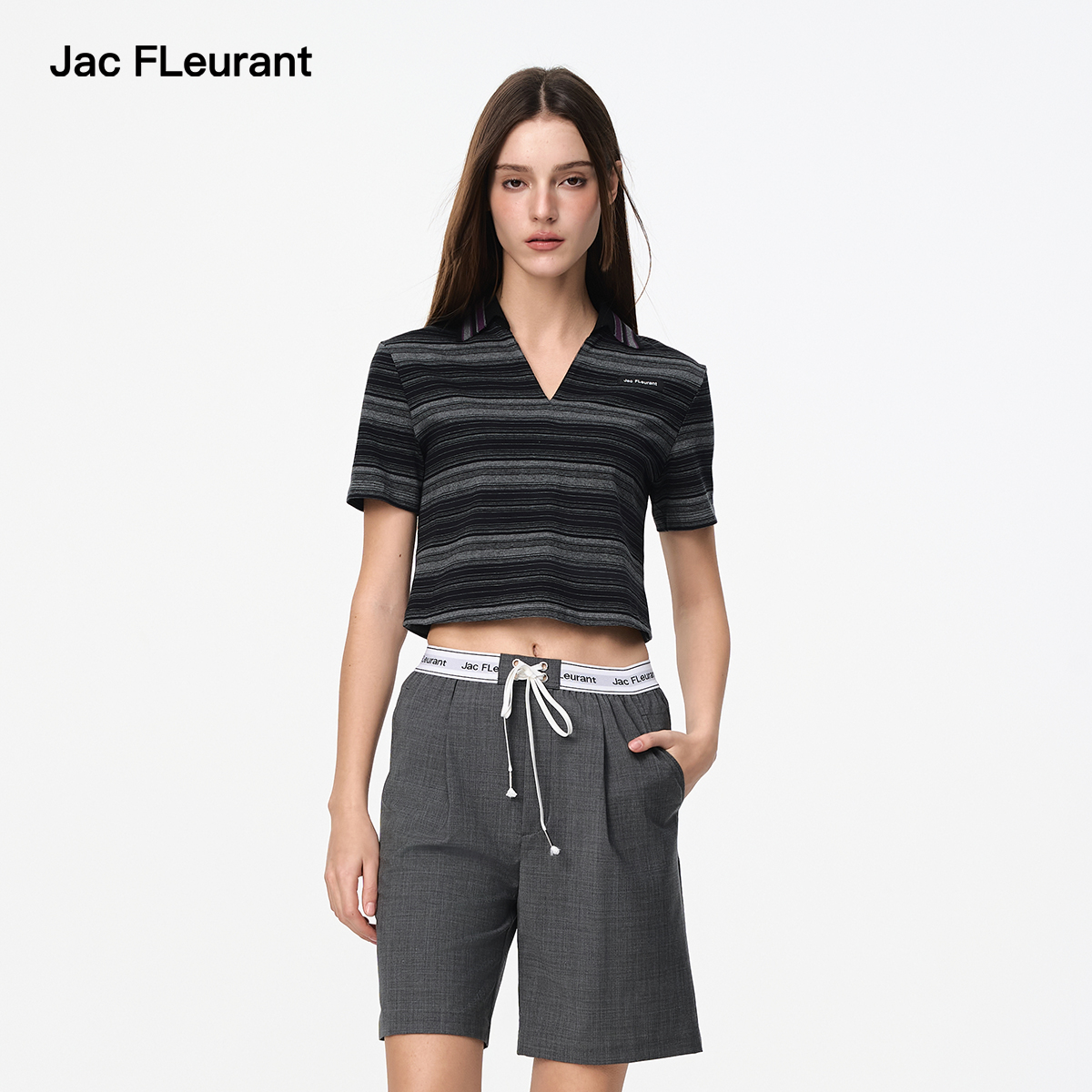 JAC FLEURANT2025春夏新品黑灰V领条纹POLO经典