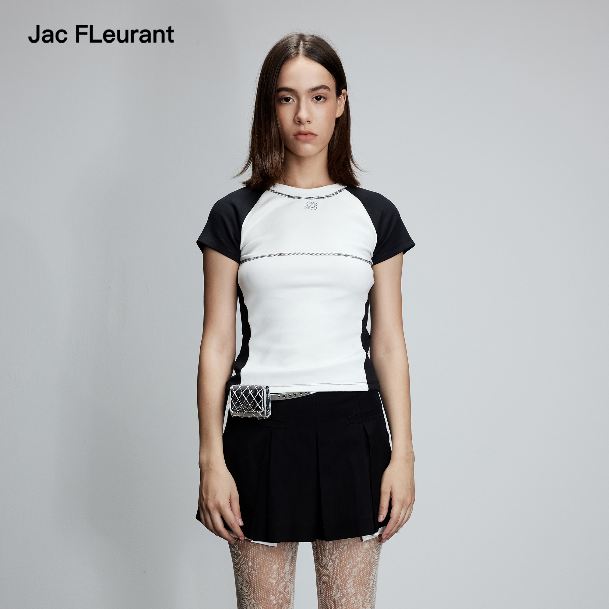 JAC FLEURANT2025秋季新品空气感明线插肩烫钻短袖女式修身T恤