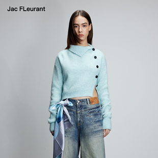 JAC 不对称斜门襟纽扣毛衣湖水蓝浅棕色 FLEURANT秋冬新品