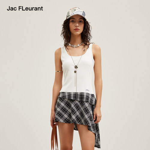 JAC FLEURANT2026夏季新款格纹拼接不规则下摆飘带背心连衣裙