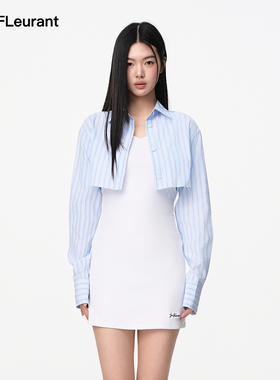 JAC FLEURANT秋季新款连衣裙女蓝色条纹假两件衬衫气质包臀裙