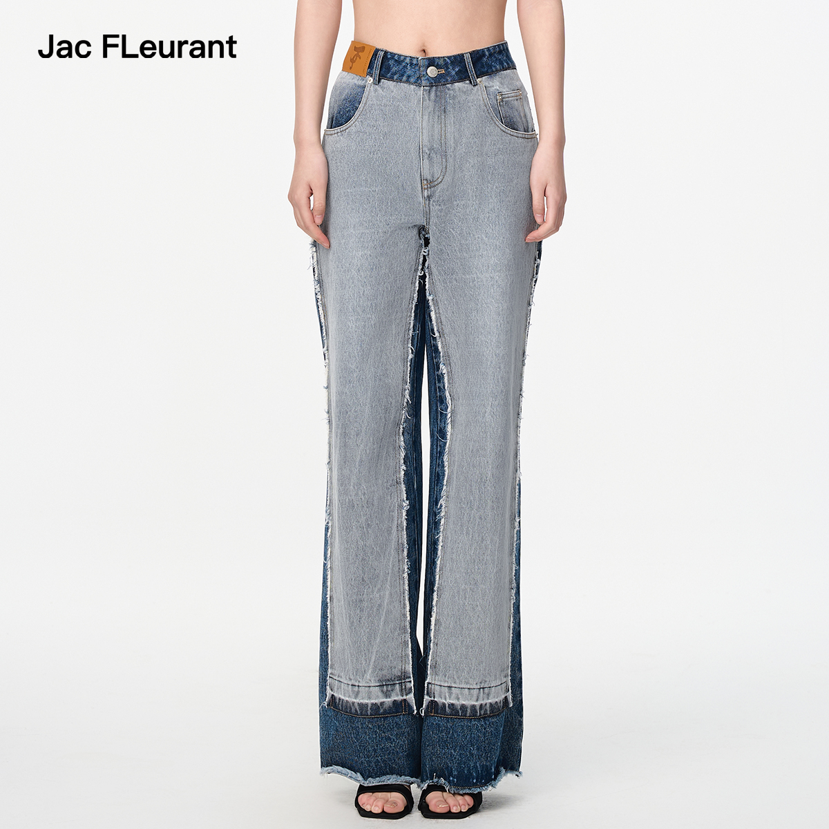 JAC FLEURANT【明星同款】蓝色拼接水洗毛边牛仔裤时尚显瘦裤子