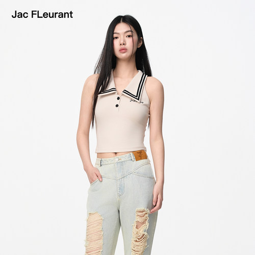 JAC FLEURANT夏季新品卡其色Polo领背心修身短款女士无袖上衣