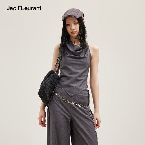 JAC FLEURANT2026秋季新品挂脖包裹烫钻背心上衣灰色烫钻直筒西裤