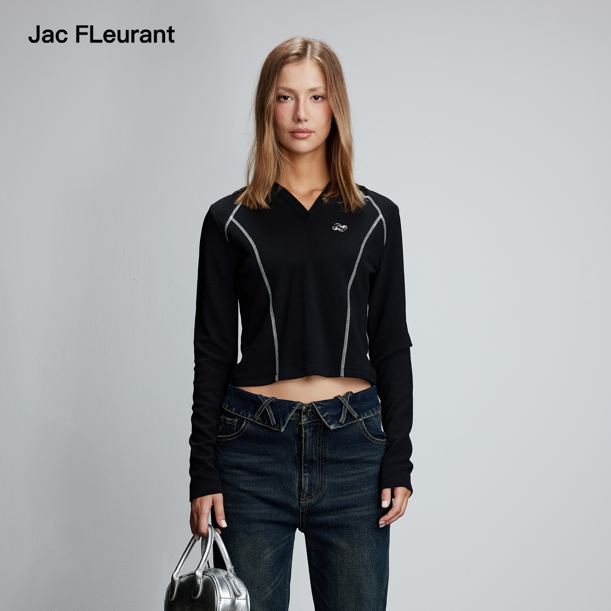 JAC FLEURANT2025秋冬新款连帽长袖T恤外缝线黑色上衣简约短款
