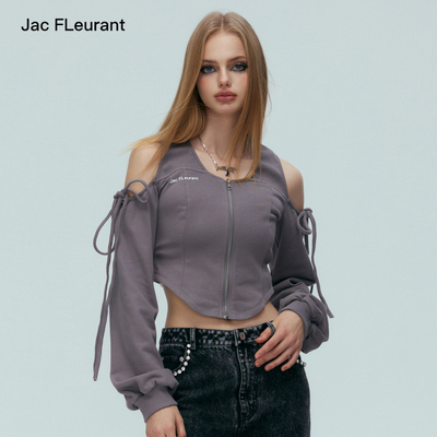 灰色绑带甜美露肩拉链上衣