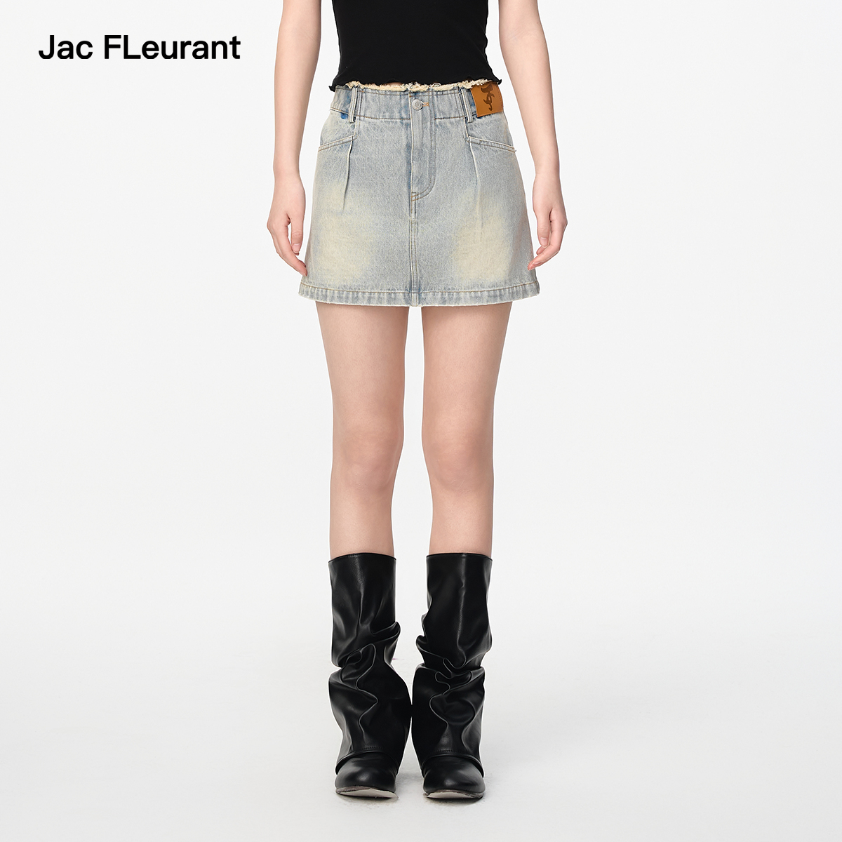 JAC FLEURANT2025春夏新品蓝色无腰牛仔褶皱短裙显瘦牛仔裙