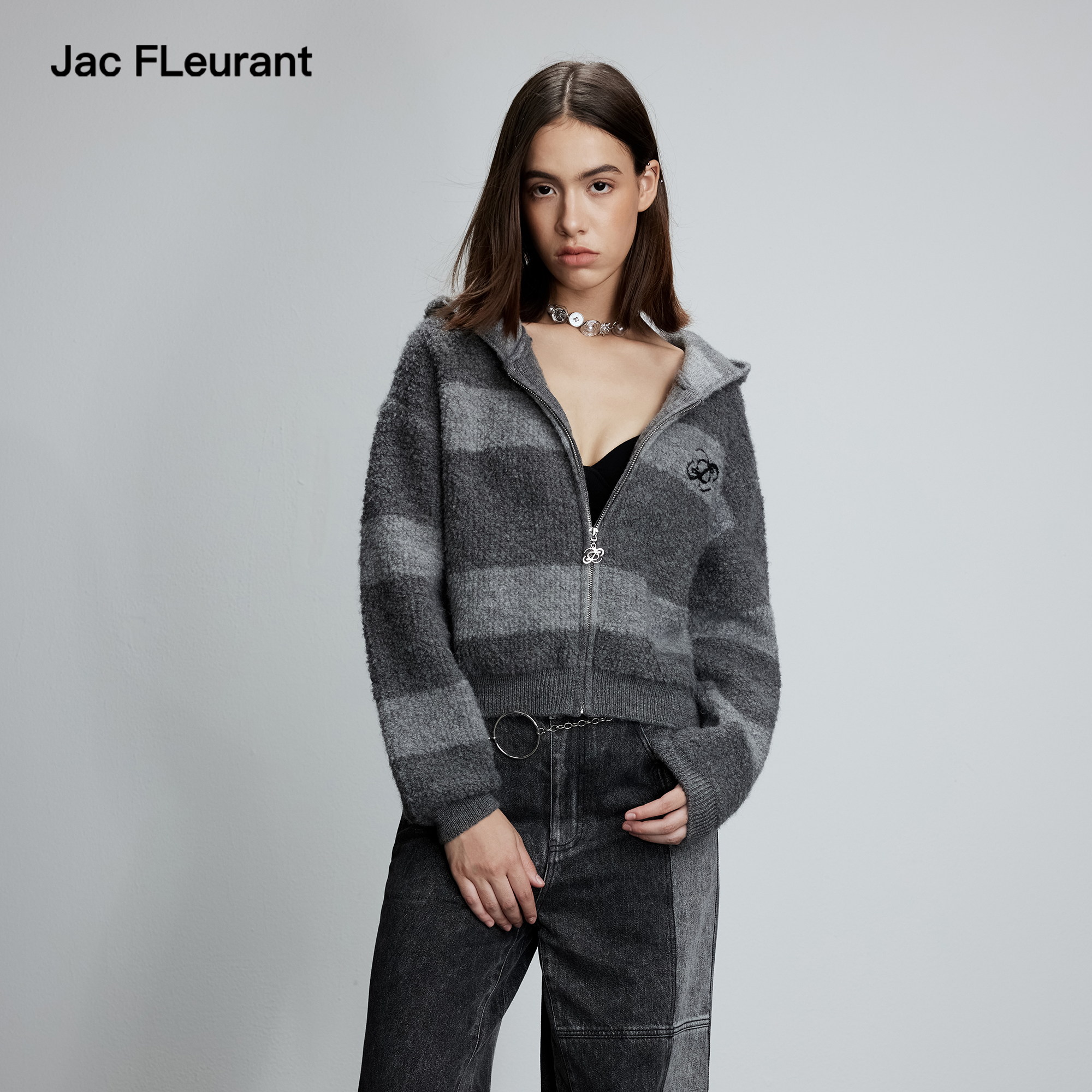 JAC FLEURANT2025秋冬新款条纹拉链针织衫女开衫连帽羊毛衫短款