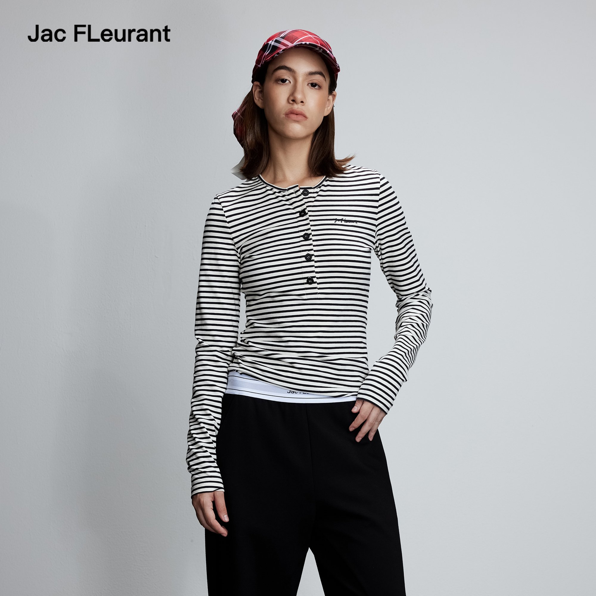 JAC FLEURANT2025秋冬新品条纹亨利领长袖上衣百搭简约打底衫