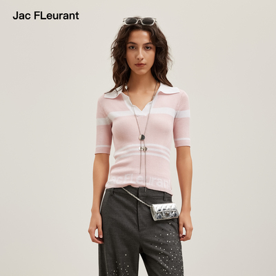 JAC FLEURANT2026春夏新品条纹提花LOGO松弛感针织V领翻领女上衣