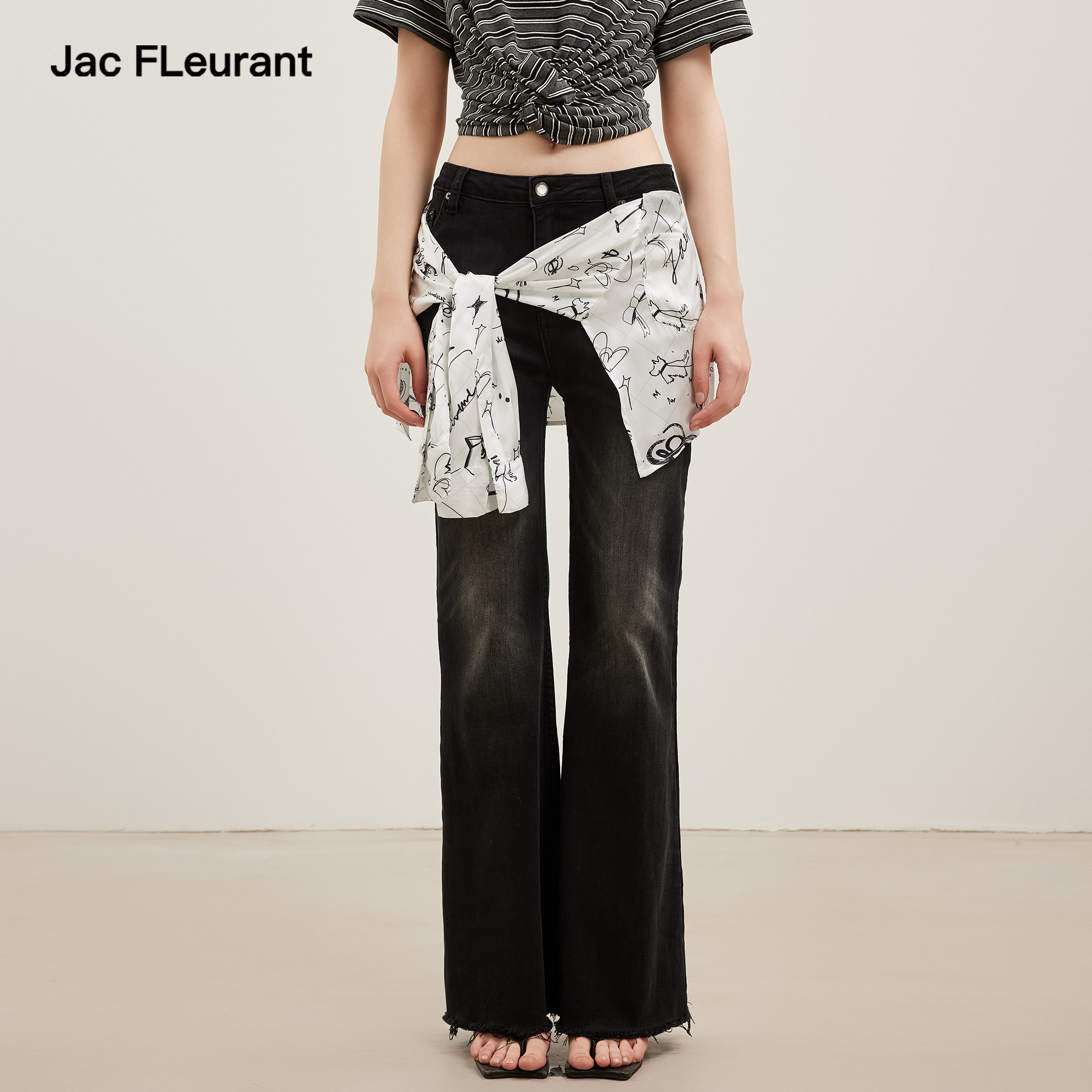 JAC FLEURANT【李小冉同款】丝巾印花涂鸦LOGO绑带微喇牛仔裤女