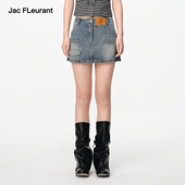 JAC FLEURANT春夏新品 蓝色水洗口袋短裙复古半身裙女