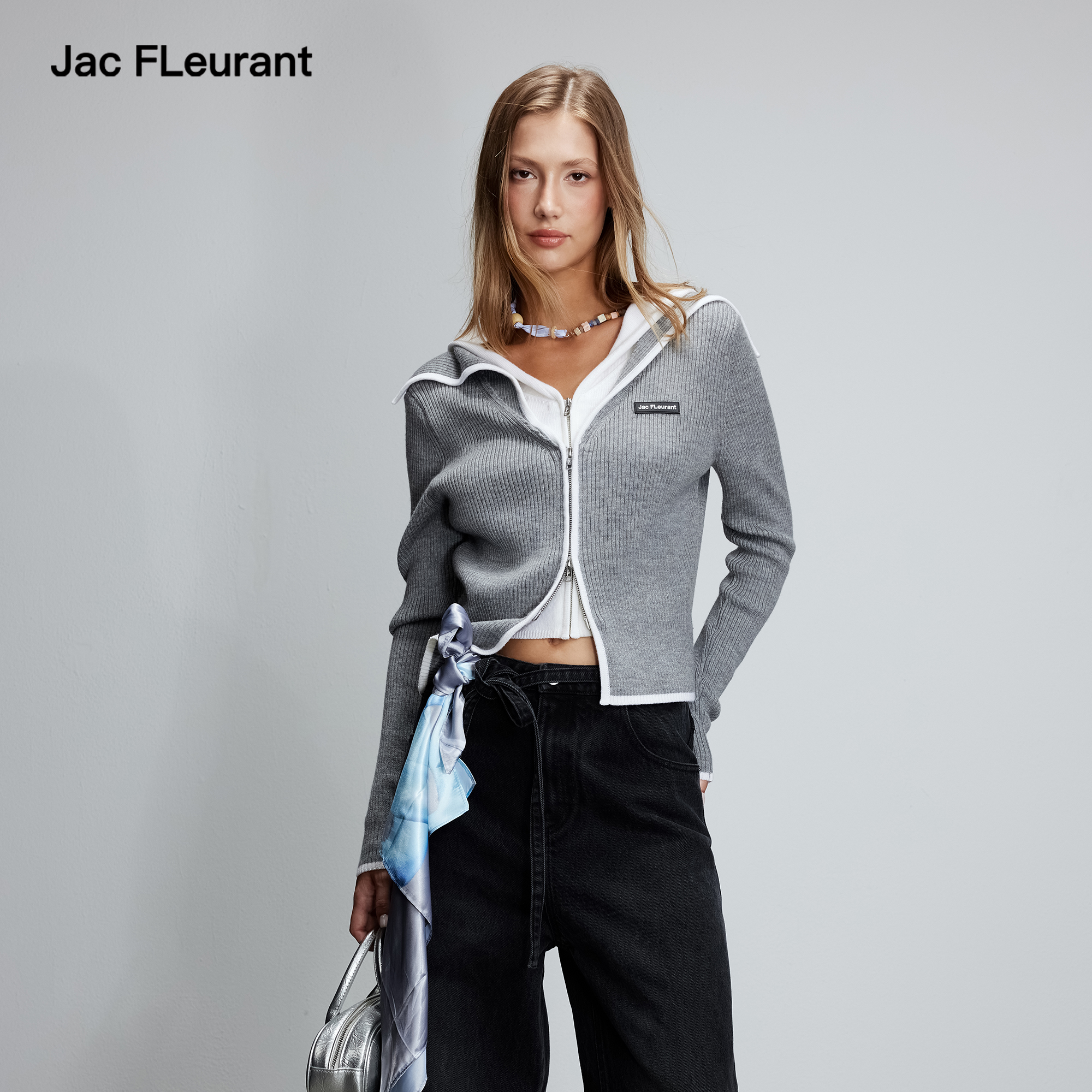 JAC FLEURANT【张靓颖同款】撞色海军领假两件拉链针织羊毛衫