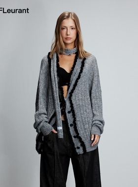 JAC FLEURANT【李云霄同款】秋冬灰色马海毛花边围脖开衫毛衣