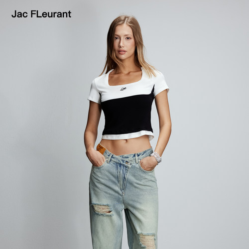 JAC FLEURANT春夏新品拼接方领打底T恤短袖简约百搭