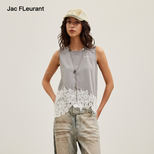 JAC FLEURANT2026夏季新款蕾丝拼接印花不规则下摆背心宽松圆领