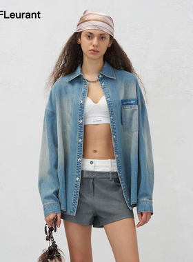 JAC FLEURANT秋冬新品蓝色做旧水洗牛仔衬衫休闲百搭宽松