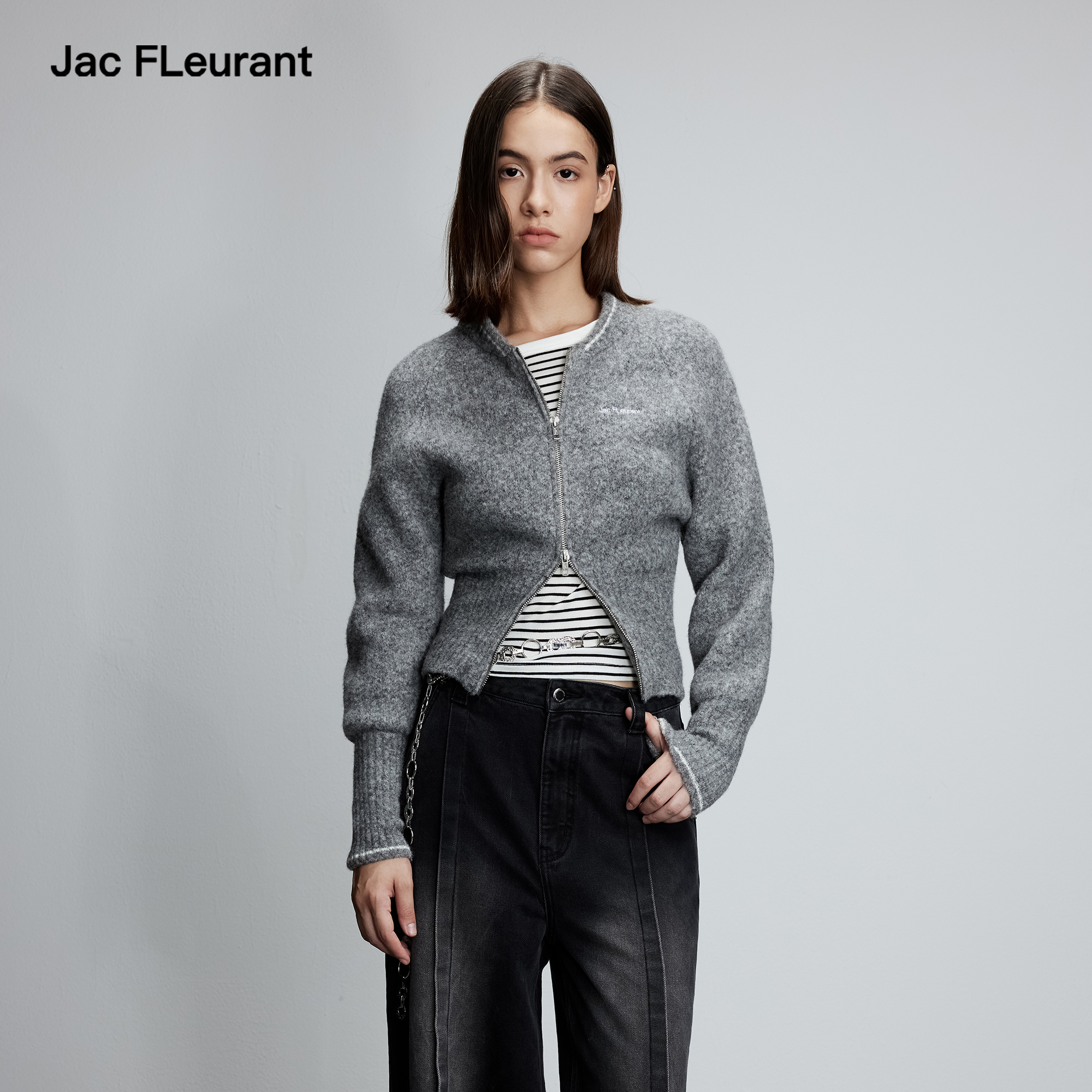 JAC FLEURANT2025秋冬新款灰色棒球针织开衫女短款羊毛衫外套厚