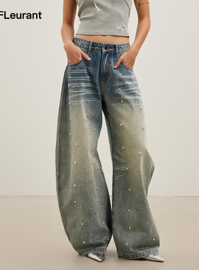 JAC FLEURANT2026春夏新款复古蓝色烫钻珍珠弯刀牛仔裤阔腿裤