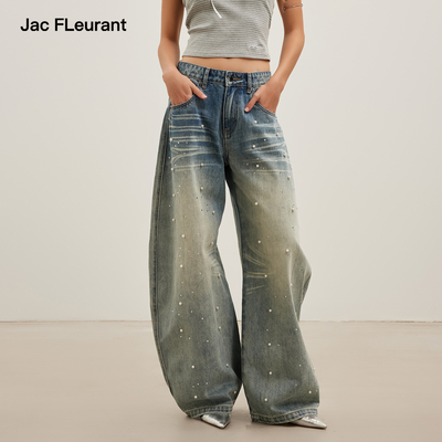 JAC FLEURANT2026春夏新款复古蓝色烫钻珍珠弯刀牛仔裤阔腿裤
