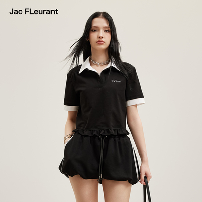 JAC FLEURANT2026夏季新款双领拼接荷叶边T恤撞色花苞短裤套装