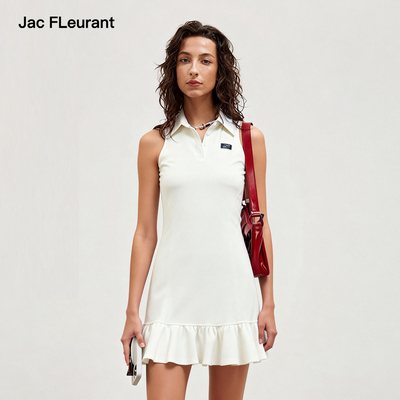 JAC FLEURANT2026夏季新款无袖连衣裙女白色翻领荷叶边修身裙子