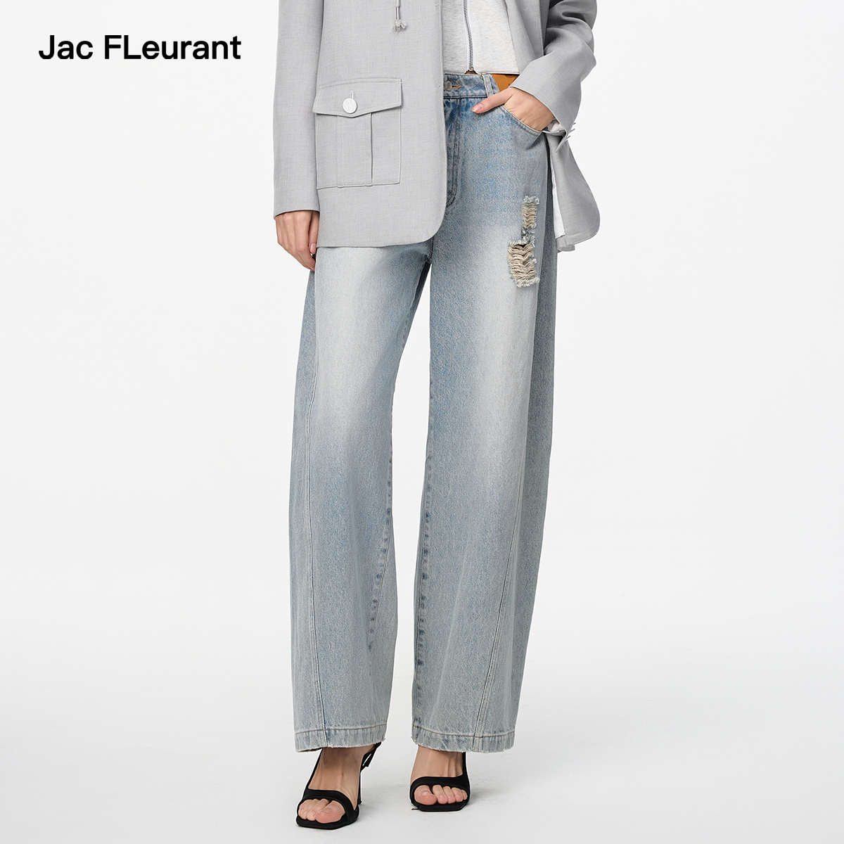 JAC FLEURANT2025春夏新款蓝色水洗磨破阔腿弯刀宽松女士牛仔裤