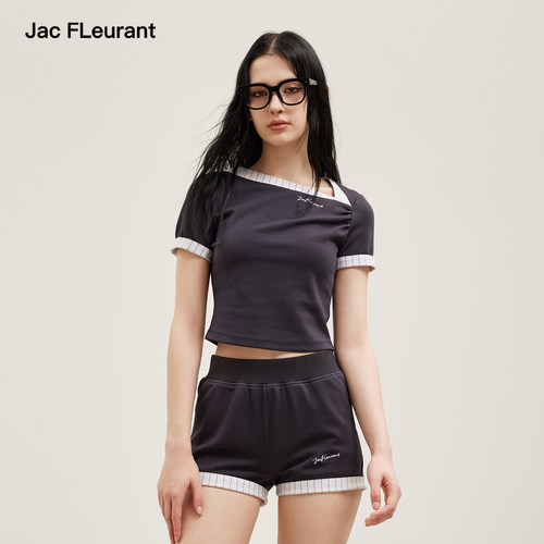 JAC FLEURANT2026夏季新款条纹翻边拼接斜领上衣T恤翻边短裤套装
