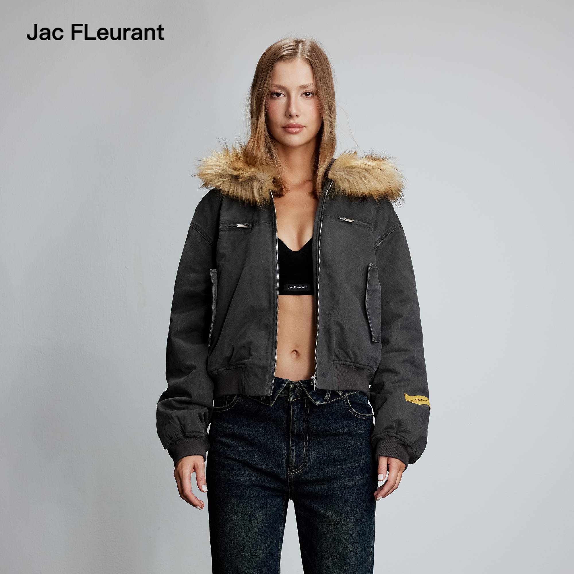 JAC FLEURANT2025新款毛领拼接灰色水洗棉服女时尚连帽冬装