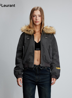 JAC FLEURANT新款棕色毛领拼接灰色水洗棉服女时尚连帽冬装