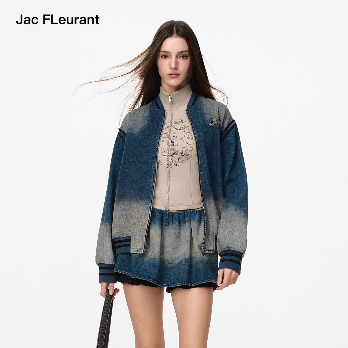 JAC FLEURANT2025秋季新款时尚套装女棒球服松紧腰短裙牛仔两件套