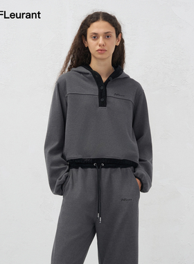 JAC FLEURANT秋冬新品灰色拼接绣花连帽卫衣拼接绣花卫裤套装