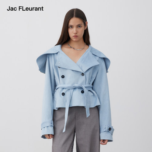 JAC FLEURANT2026秋冬新款大翻领蓝色皮质绑带短风衣短款外套休闲