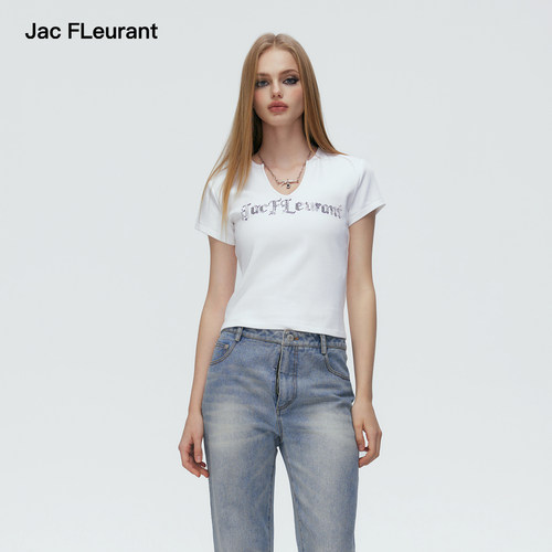 JAC FLEURANT【刘令姿同款】新款烫钻Logo短袖V领上衣