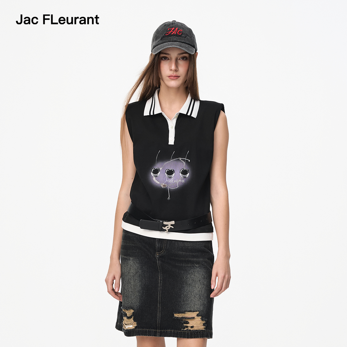 JAC FLEURANT2025夏季新款黑色垫肩POLO领樱桃印花纯棉无袖背心