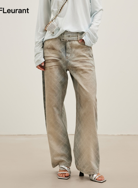 JAC FLEURANT2026春夏新款做旧脏洗烫银格纹腰带时尚弯刀牛仔裤