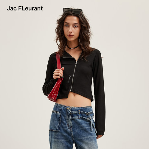 JAC FLEURANT2026秋季新款针织衫女不对称斜门襟拉链修身上衣短款