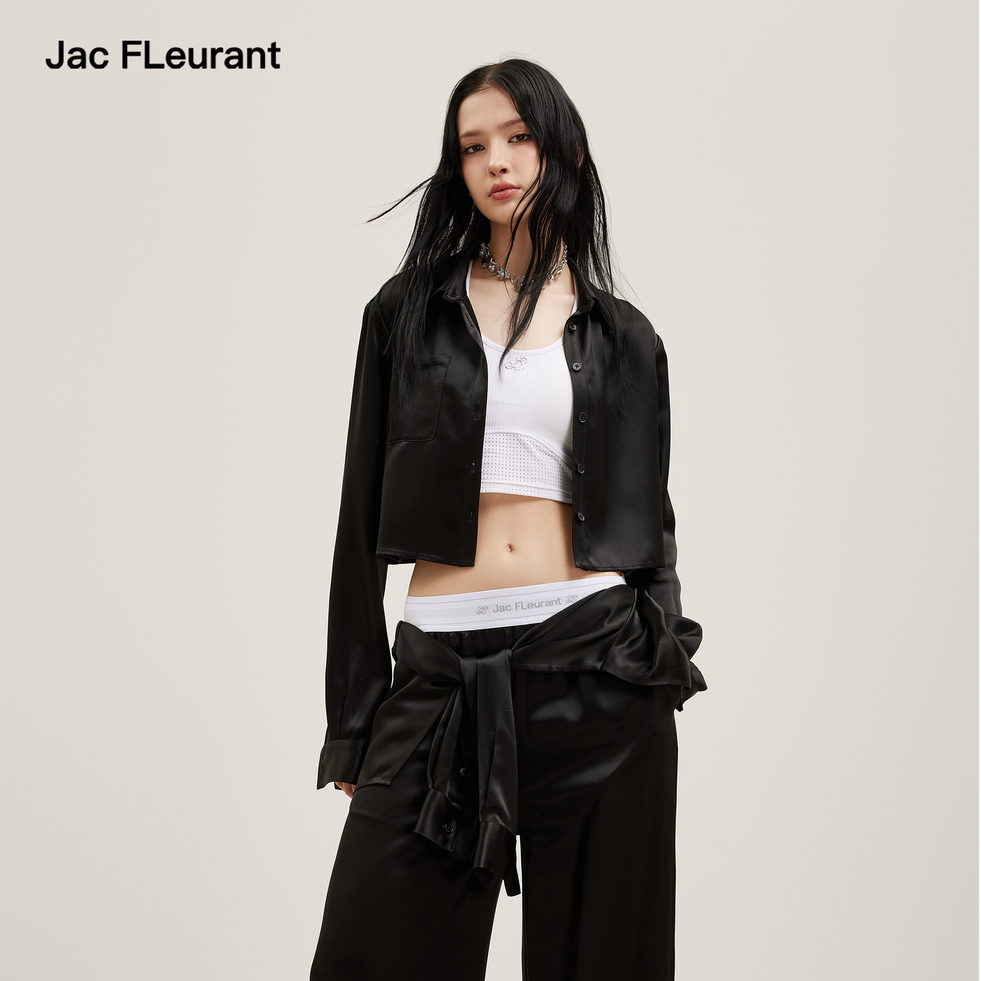 JAC FLEURANT2026春夏新品黑色醋酸短衬衫松紧LOGO绑带裤套装,女装/女士精品,短外套,淘宝优惠券,粉丝福利购,淘宝优惠卷