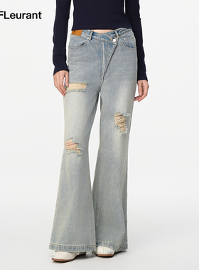 JAC FLEURANT夏季新款蓝色牛仔裤不规则腰头破洞女士牛仔裤