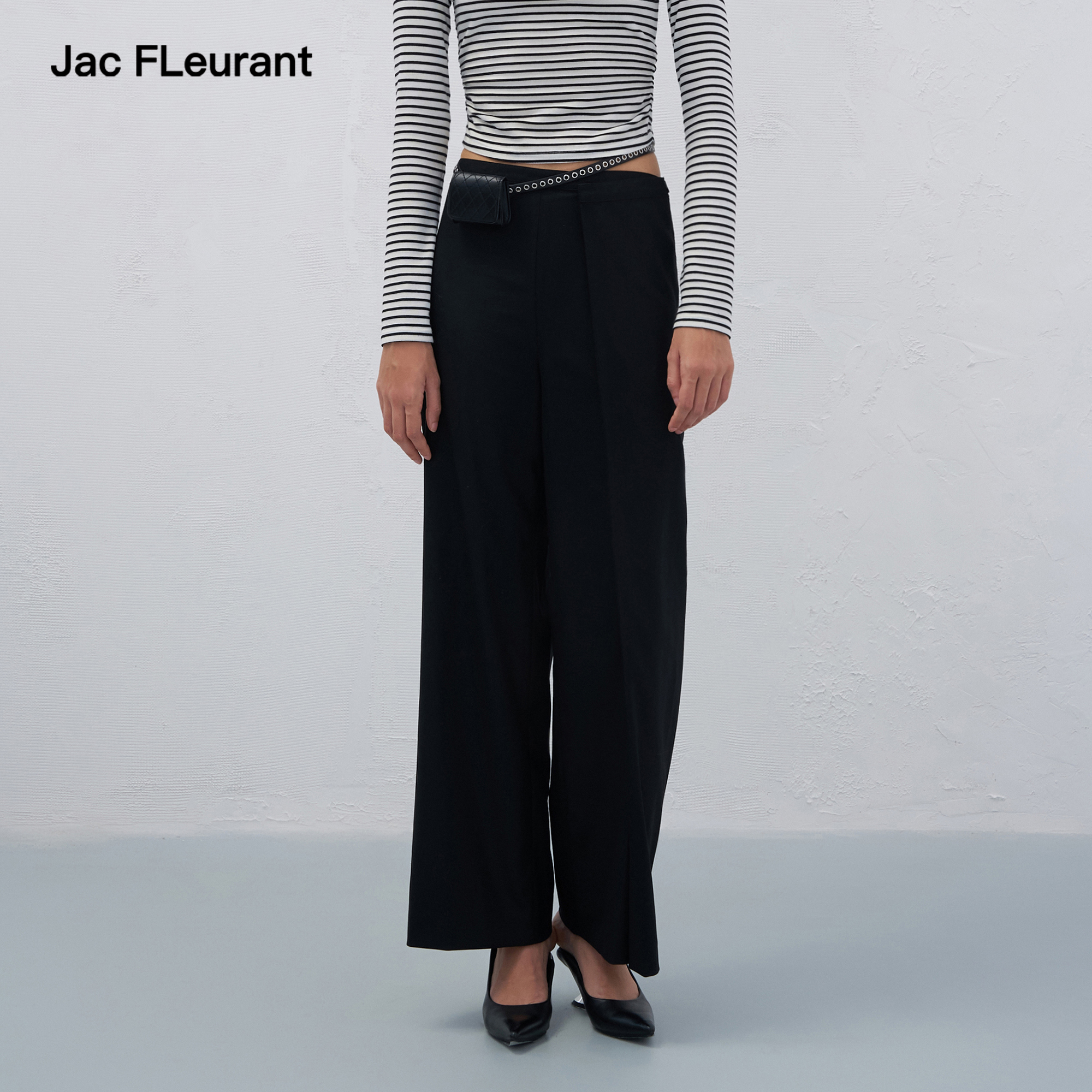 JAC FLEURANT2025秋冬新品黑色不对称翻折西装裤直筒气质女西裤