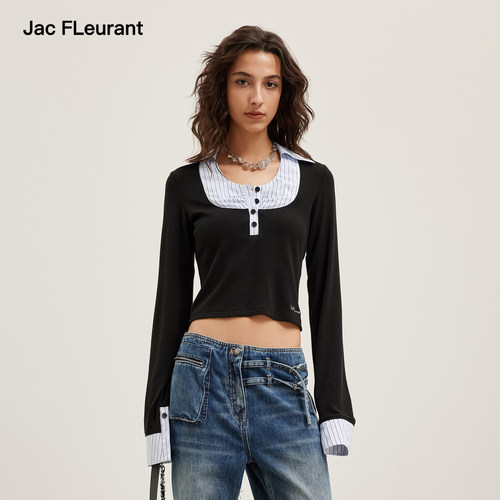 JAC FLEURANT2026春夏新款针织拼接方领衬衫上衣女士减龄长袖
