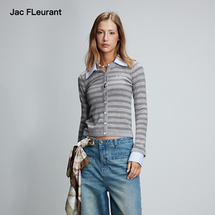 JAC 上衣 FLEURANT2025秋冬新品 衬衣领牛仔领拼接针织条纹纽扣开衫