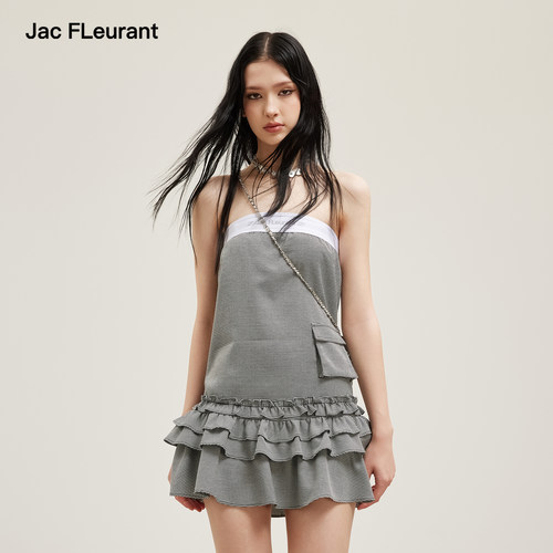 JAC FLEURANT2026夏季新款松紧织带连衣裙女千鸟格荷叶边抹胸短裙