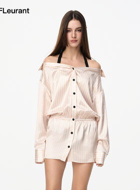 JAC FLEURANT秋季新品条纹挂脖缎面女士连衣裙香槟色蓝色