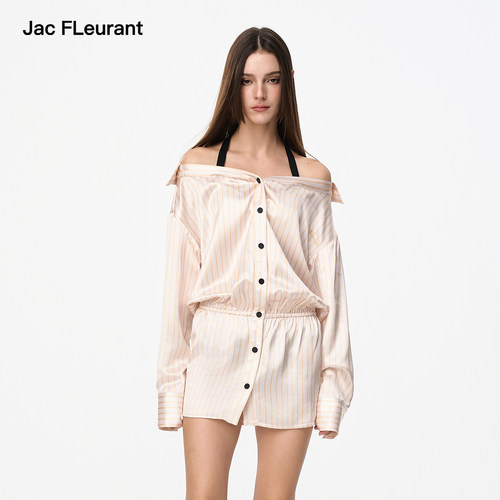 JAC FLEURANT2025秋季新品条纹挂脖缎面女士连衣裙香槟色蓝色