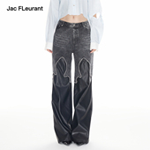 FLEURANT秋冬新款 拼皮牛仔裤 女休闲时尚 JAC 宽松阔腿长裤